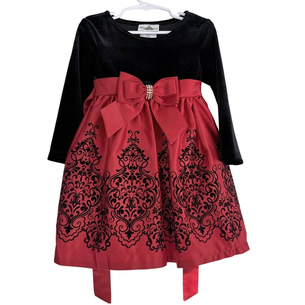 Rare Editions Girls 3T Black Velvet Red Damask Holiday Christmas Dress H737422